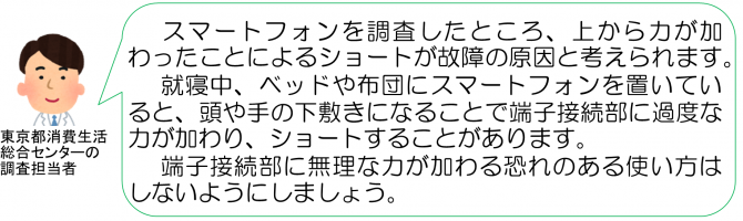 東京都消費生活総合センターの担当者のコメント「上から力が加わったことによるショートが故障の原因と考えられます。」
